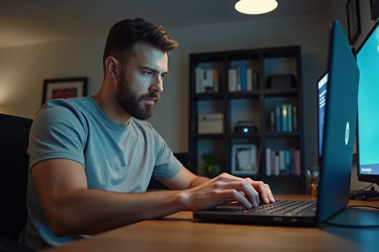 Homme activant le menu BIOS sur un ordinateur portable HP pour configurer le démarrage en mode legacy