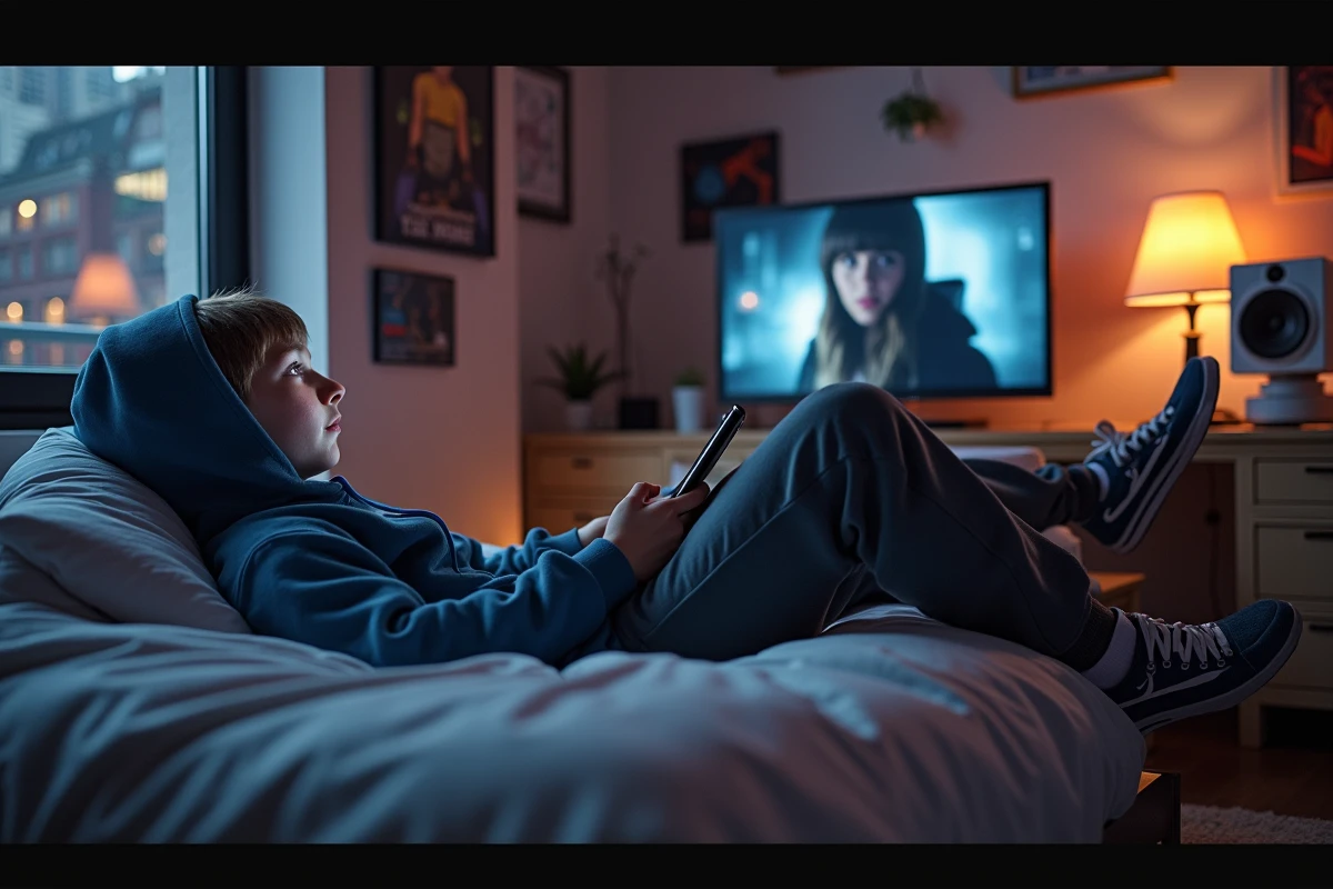 Adolescent regardant un film sur sa tablette dans sa chambre