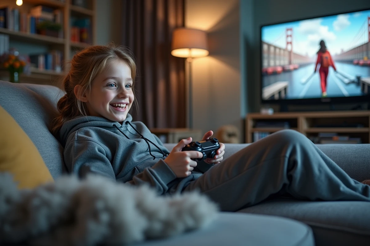 Adolescente de 15 ans jouant à un jeu vidéo sur un canapé