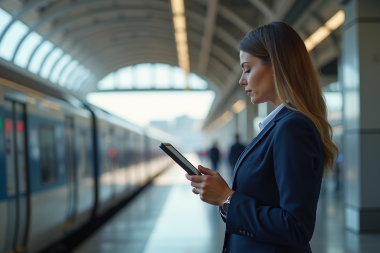 Agent de transport utilisant une tablette sur une plateforme moderne