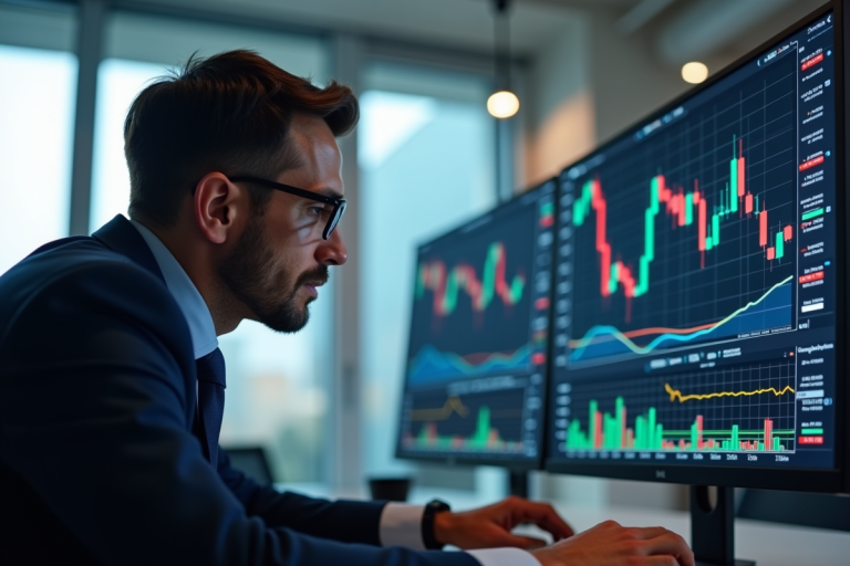 Analyste en costume examinant des graphiques financiers dans un bureau lumineux