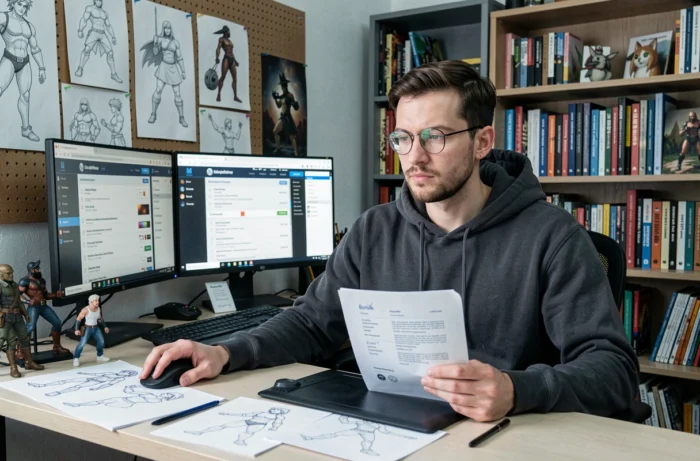 Animateur consultant des offres d'emploi en animation sur un ordinateur dans son studio à domicile entouré de dessins