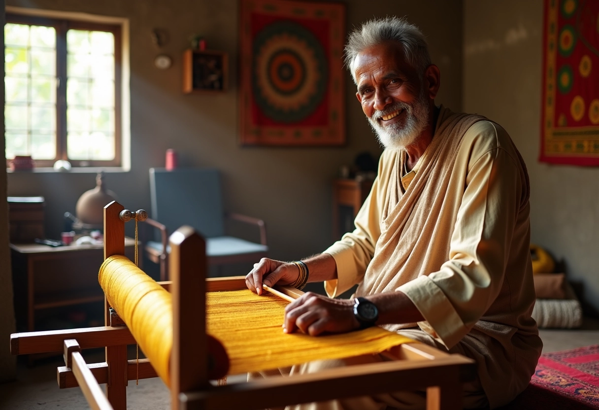 Artisan indien tissant de la soie à la main dans son atelier