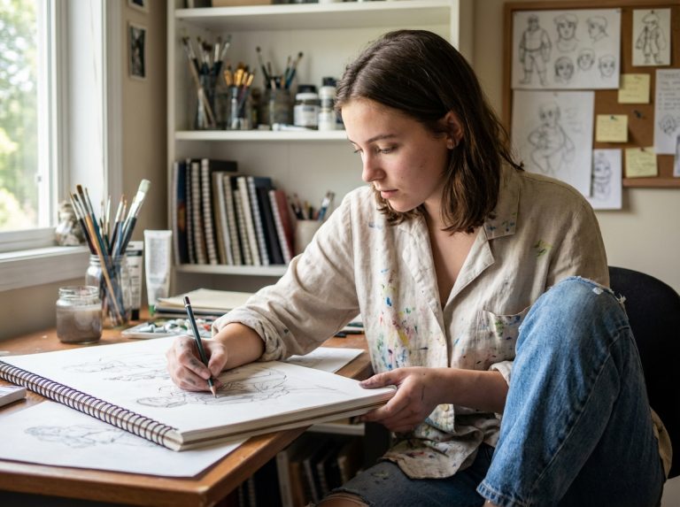 Jeune femme en studio d'art dessinant attentivement