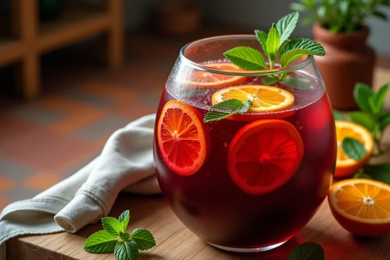 Bol de punch maison rouge avec tranches d'orange et menthe fraîche sur une table en bois rustique