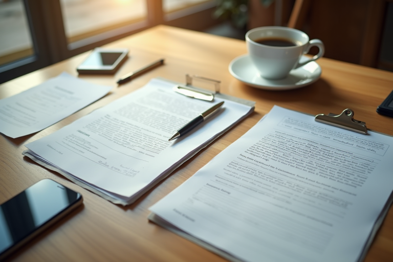 Bureau organisé avec documents et café pour article