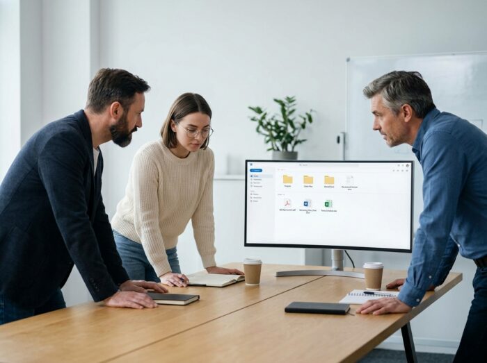 Équipe de trois collègues consultant une plateforme centralisée de gestion documentaire en salle de réunion