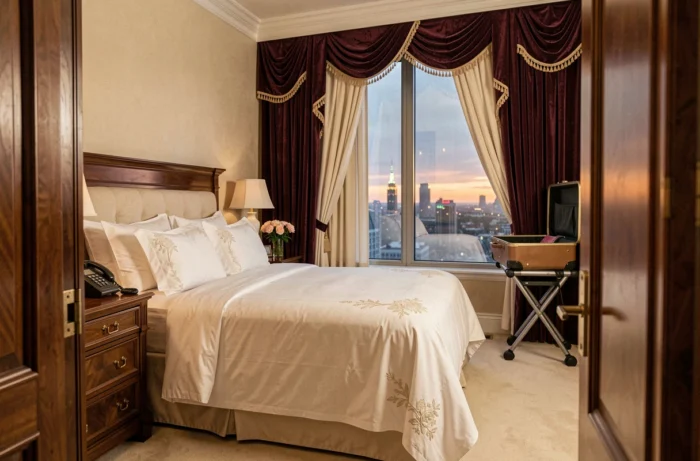 Chambre de luxe à l'Hôtel Astoria avec vue sur la ville au crépuscule, literie blanche et décoration classique raffinée