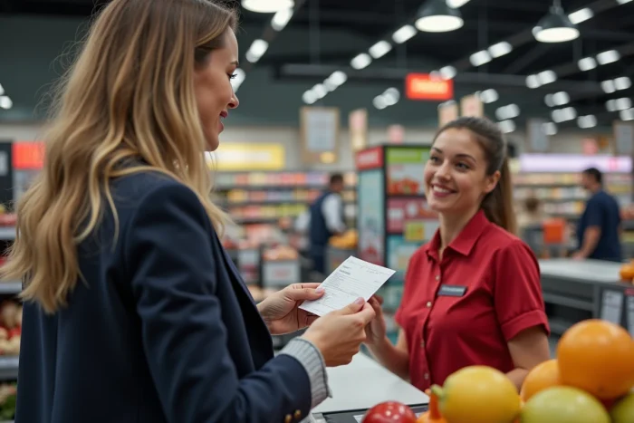 Femme remettant un chèque différé à une caissière dans un hypermarché Cora
