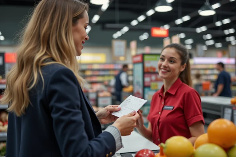 Femme remettant un chèque différé à une caissière dans un hypermarché Cora