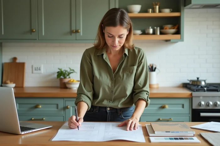 Femme comparant des devis de cuisine aménagée avec des échantillons de matériaux posés sur un plan de travail en bois