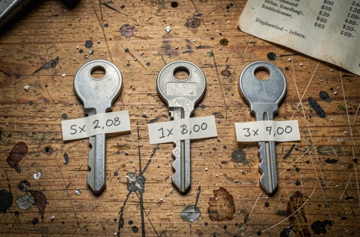 Vue de dessus de trois clés métalliques avec étiquettes de prix sur un établi de serrurier pour comparer les tarifs de duplication