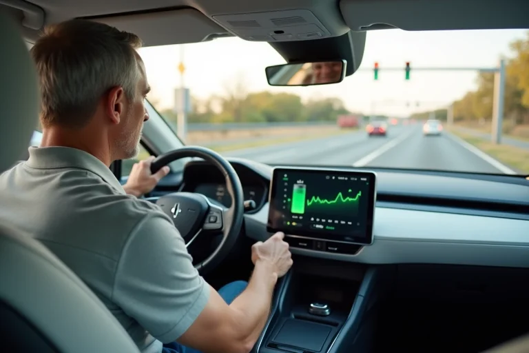 Conducteur d'une voiture hybride sur autoroute consultant l'affichage de consommation d'énergie sur le tableau de bord