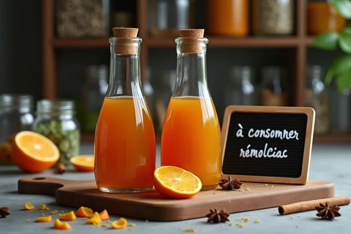 Deux bouteilles de punch maison bouchées avec une horloge et une ardoise indiquant la durée de conservation