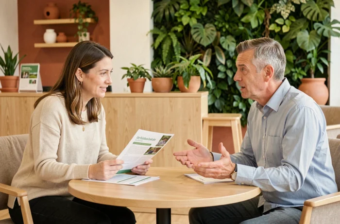 Rencontre et consultation en face-à-face avec les experts d'Habite Ta Terre dans un espace accueillant