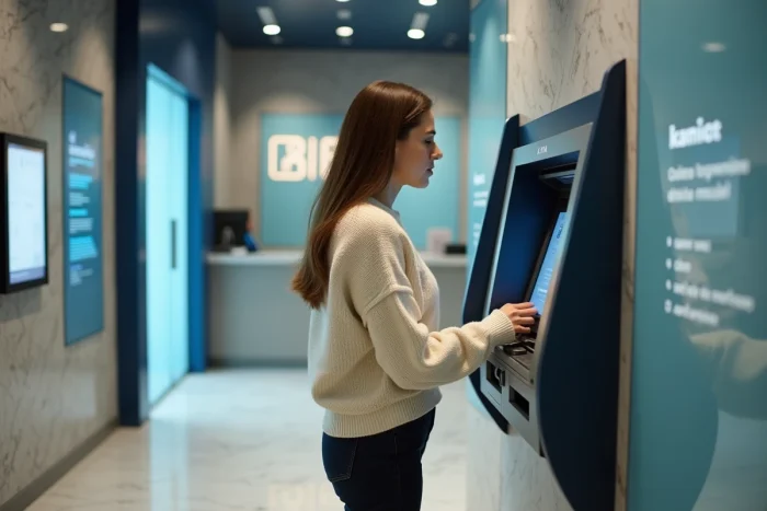 Femme consultant son solde bancaire à un distributeur pour gérer les plafonds de chèque différé