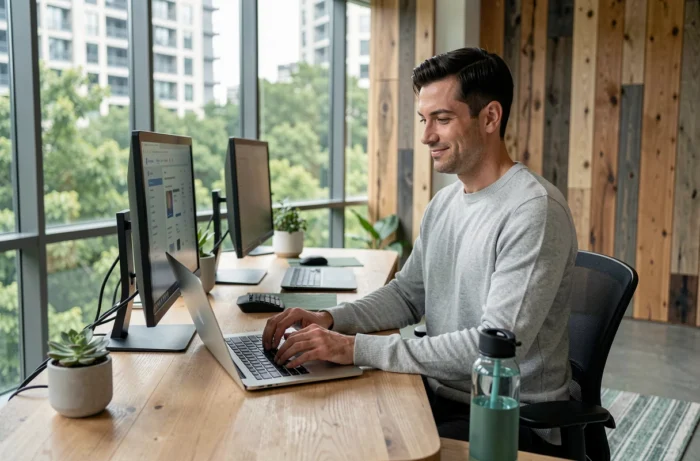 Homme contactant les experts d'Habite Ta Terre par email depuis un espace de travail éco-responsable