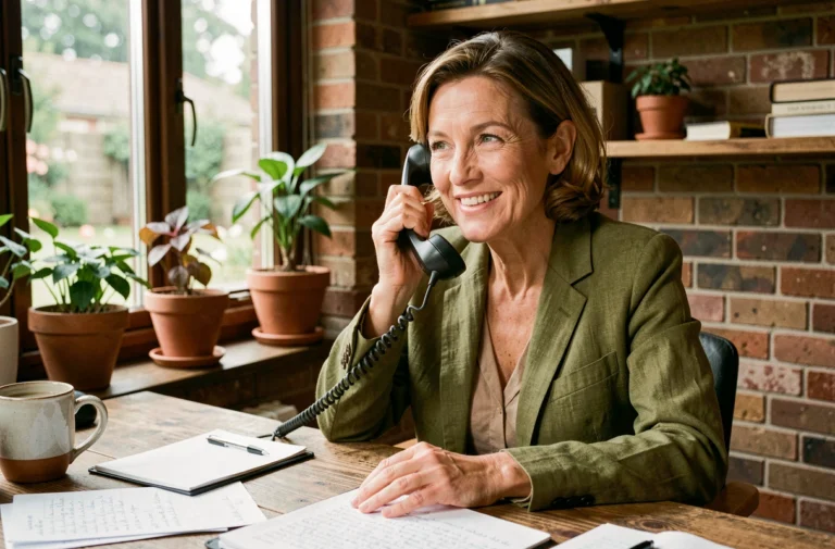 Femme experte en communication téléphonique dans un bureau chaleureux et naturel pour contacter Habite Ta Terre