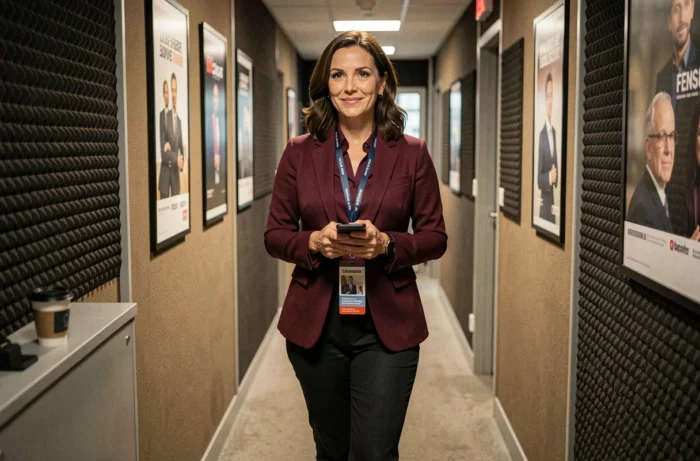 Présentatrice dans les coulisses d'une grande chaîne audiovisuelle française, symbolisant les revenus et la carrière d'une journaliste connue