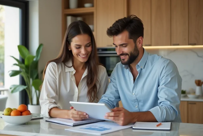 Couple planifiant ensemble leur stratégie d'investissement et leur gestion financière à domicile