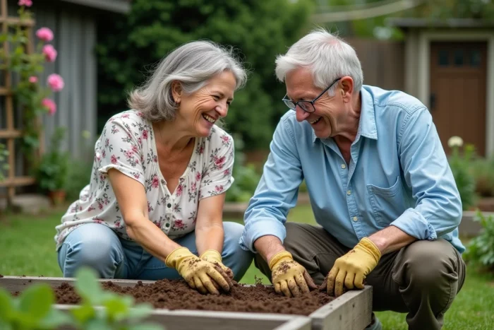 Couple de retraités de 68 ans jardинant ensemble dans leur potager, incarnant la vitalité et le bonheur de la retraite active