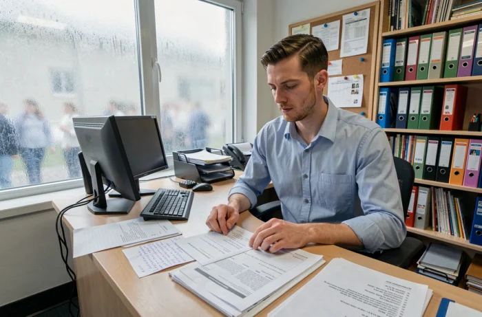Conseiller principal d'éducation travaillant sur des dossiers administratifs dans un bureau scolaire