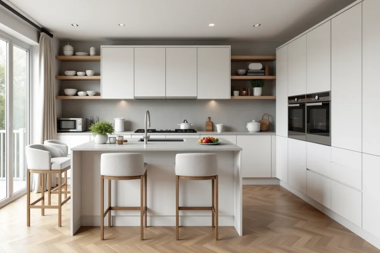 Cuisine aménagée moderne avec îlot central en quartz gris et armoires laquées blanches, aperçu grand angle