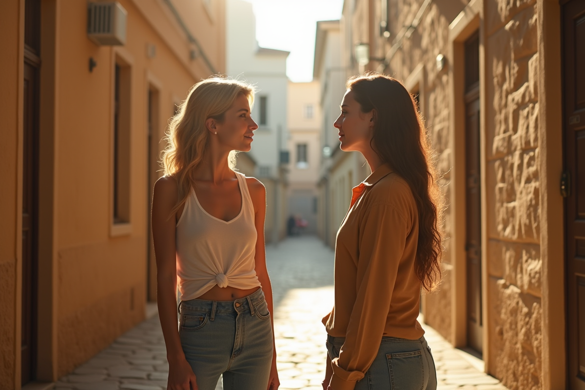 Deux femmes discutant dans une ruelle urbaine ensoleillée