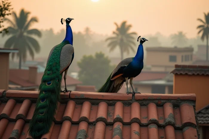 Deux paons perchés sur le toit en tuiles d'une maison de village indienne, l'un d'eux le cou tendu en train de lancer son cri au crépuscule