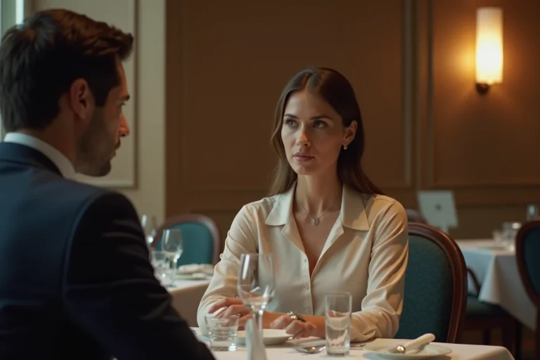 Femme et homme en réflexion lors d'un dîner élégant