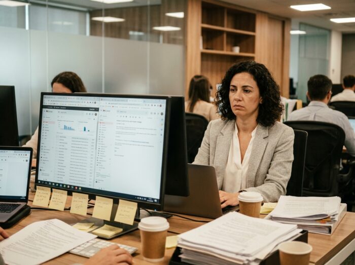 Femme en open space entourée de documents éparpillés sur plusieurs outils numériques et papiers