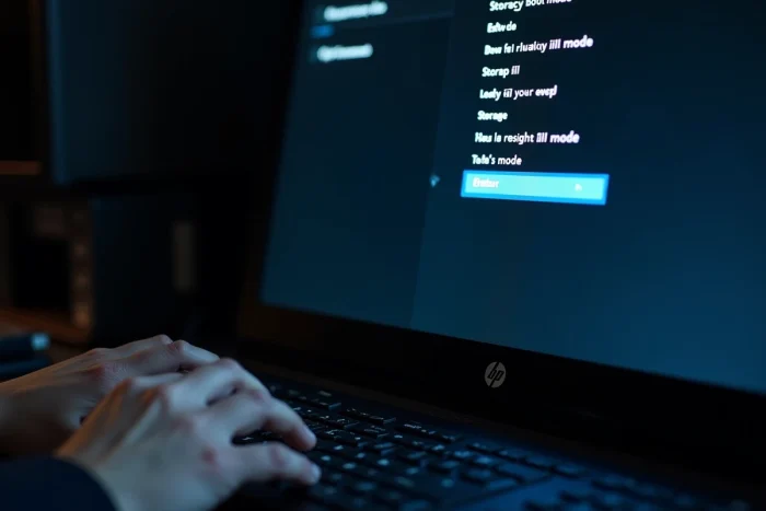 Gros plan sur l'écran BIOS d'un HP avec l'option de démarrage legacy sélectionnée et un clavier au premier plan