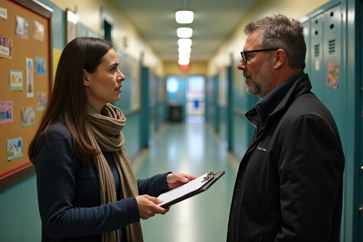 Enseignante parlant à un père dans un couloir d