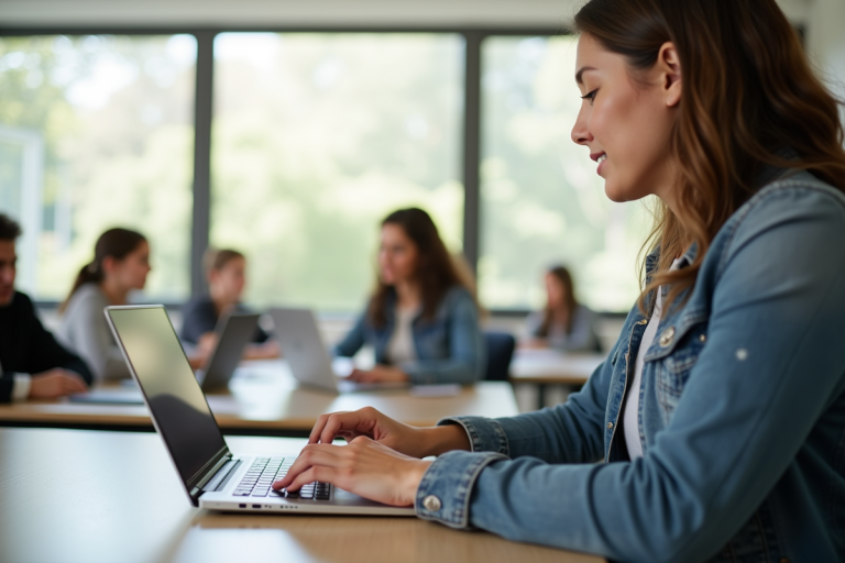 Enseignant tapant sur un ordinateur portable dans une salle lumineuse
