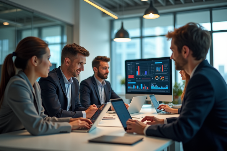 Groupe de professionnels en réunion dans un bureau moderne