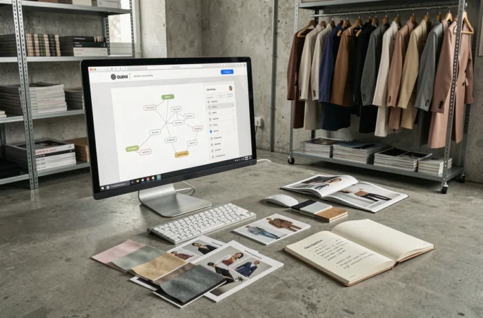 Espace de travail éditorial mode avec écran affichant un sitemap structuré entouré de swatches et de lookbooks imprimés