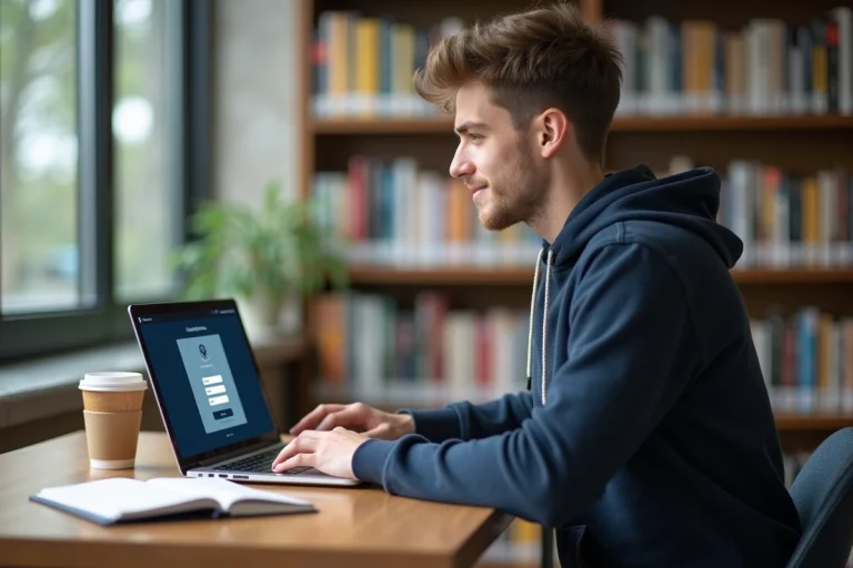 Étudiant connecté à l'ENT UTC sur son ordinateur portable dans une bibliothèque universitaire