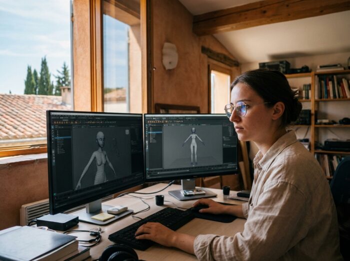 Étudiante en animation 3D travaillant sur un logiciel de modélisation dans un studio lumineux du sud de la France