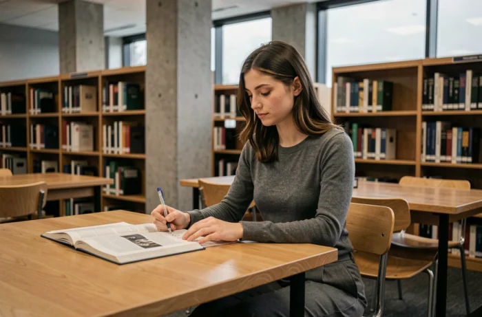 Étudiante préparant un concours de conseiller principal d'éducation dans une bibliothèque universitaire