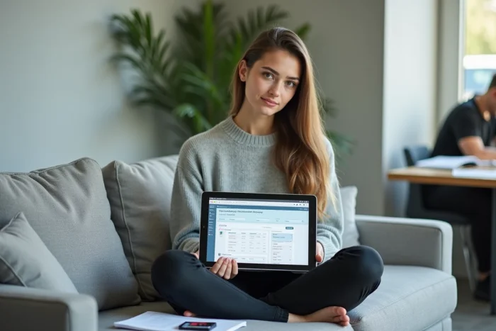 Étudiante accédant aux ressources numériques de l'UTC sur une tablette dans un espace commun