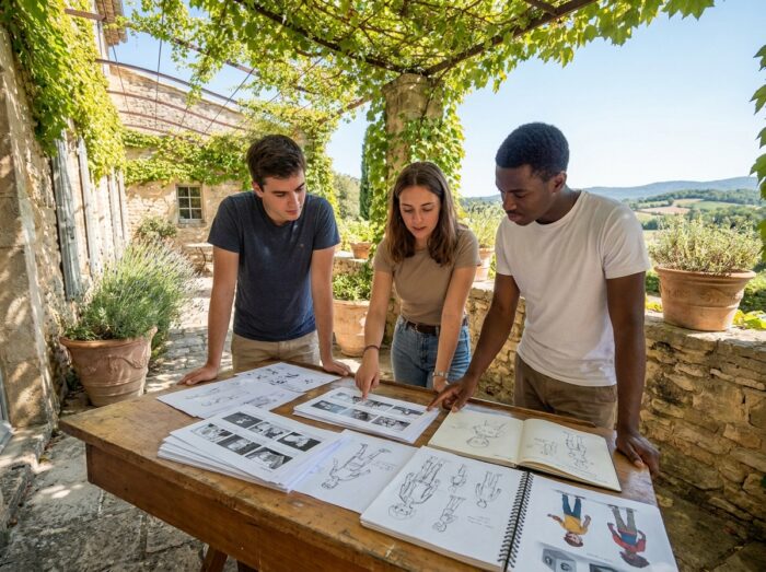 Groupe d'étudiants en animation 3D révisant des storyboards sur la terrasse d'une école d'art en Provence