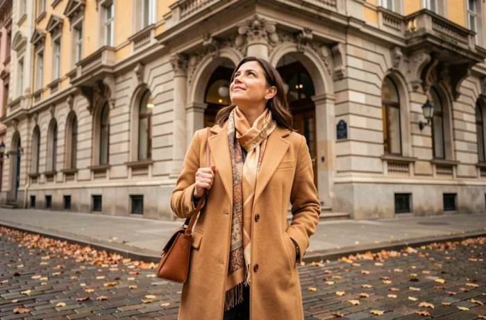 Femme élégante admirant la façade historique de l'Hôtel Astoria depuis la rue pavée en automne