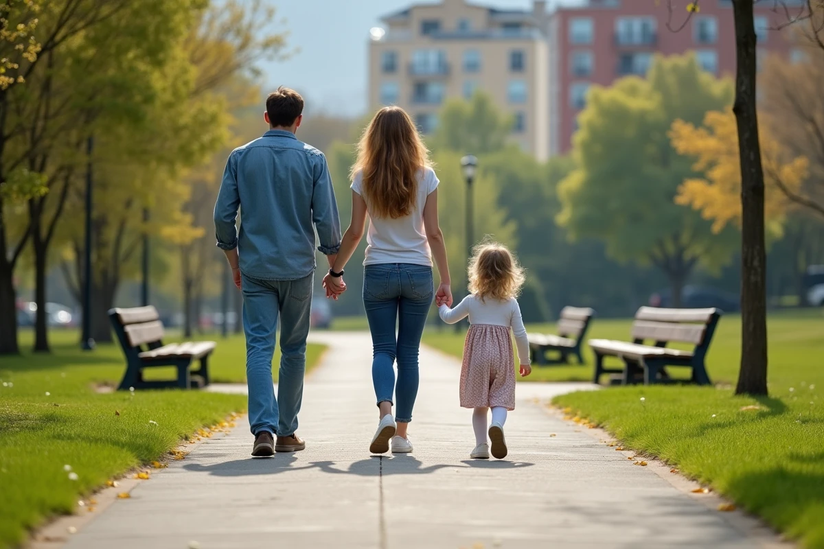 Famille marchant dans un parc urbain en famille