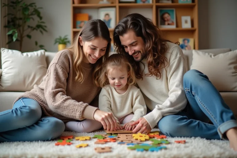 Famille assemble un puzzle coloré dans un salon chaleureux