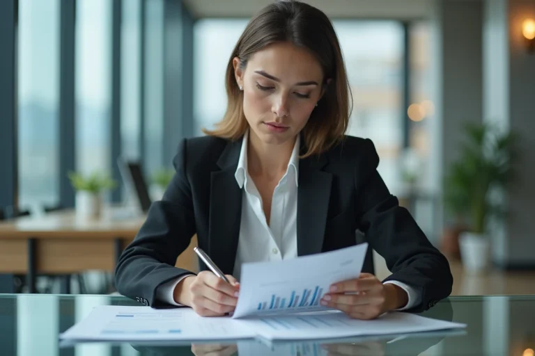 Femme d'affaires lisant un rapport financier dans un bureau moderne