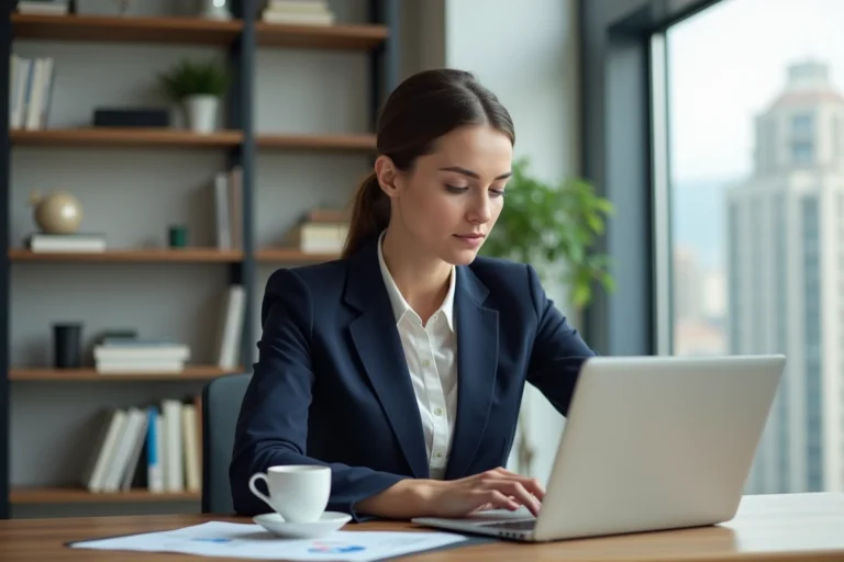 Femme professionnelle analysant ses investissements financiers sur un ordinateur portable dans un bureau moderne