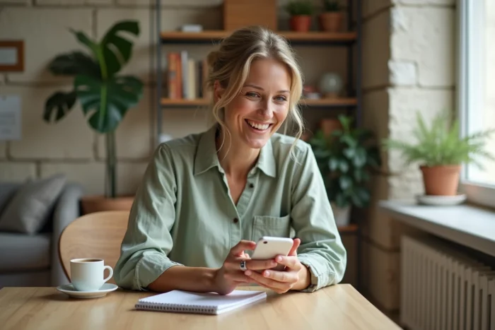 Femme consultant une application de services à domicile sur smartphone dans un appartement parisien, interface numérique facilitant la réservation de prestataires