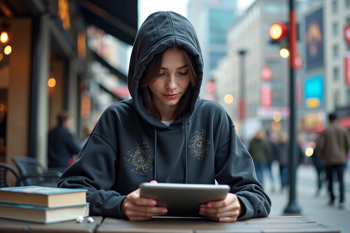 Jeune femme avec hoodie futuriste au café avec tablette