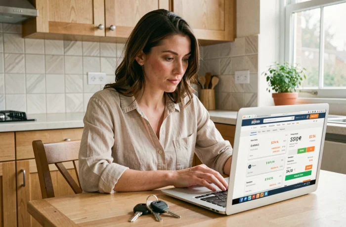 Femme comparant les prix de duplication de clés sur internet depuis sa cuisine avec deux clés posées sur la table