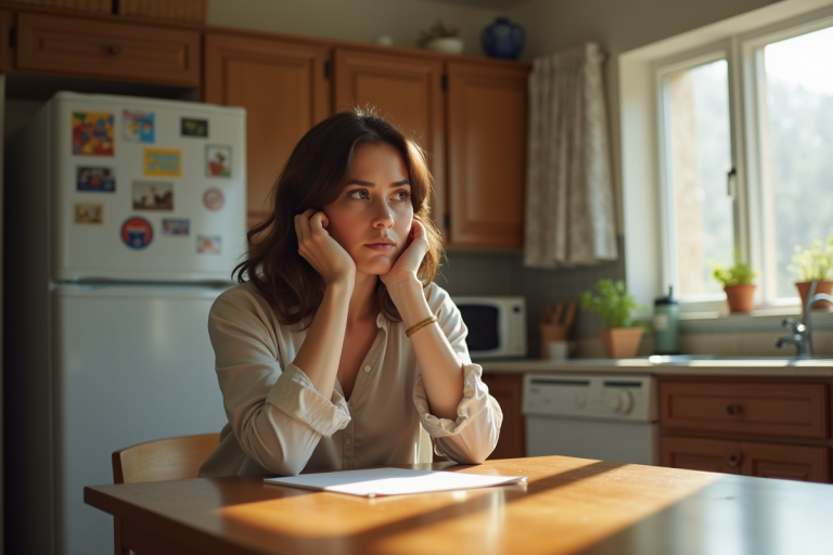 Femme concentrée assise à la cuisine lors d'une matinée lumineuse